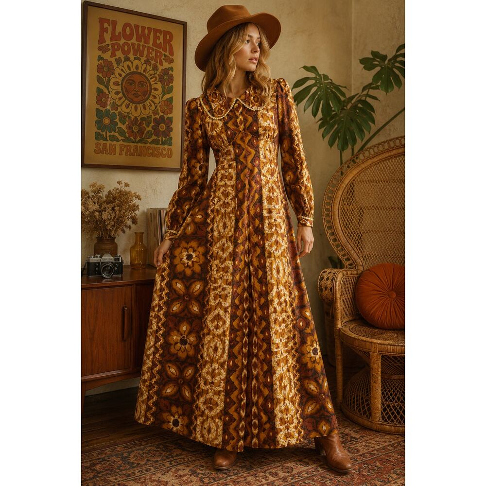Vintage 60s 70s Barkcloth Batik Maxi Dress Boho Prairie Mod S M Rare